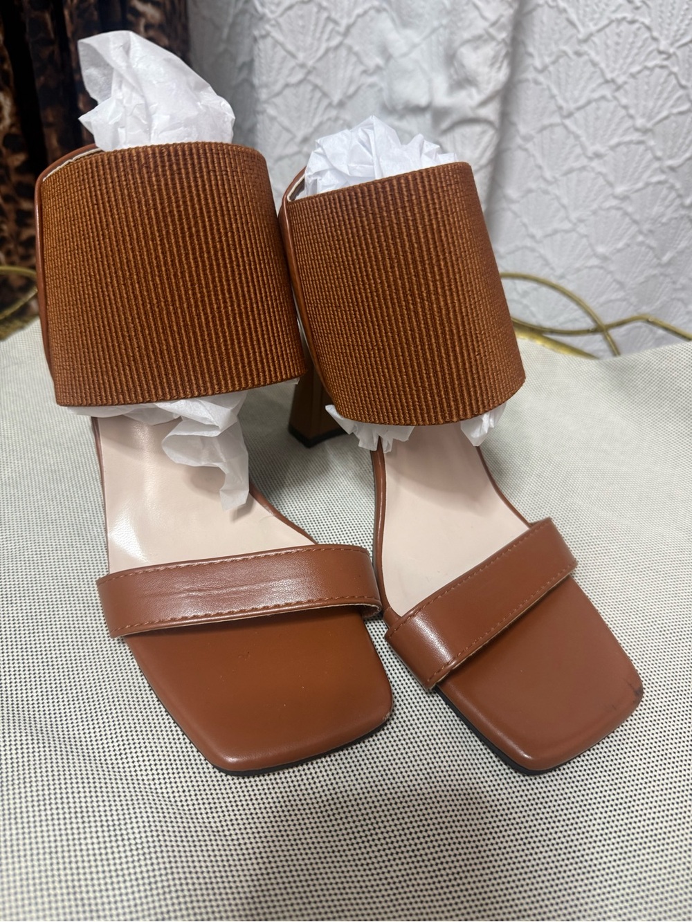 Wide Ribbed Strap Brown Block Heel Mules